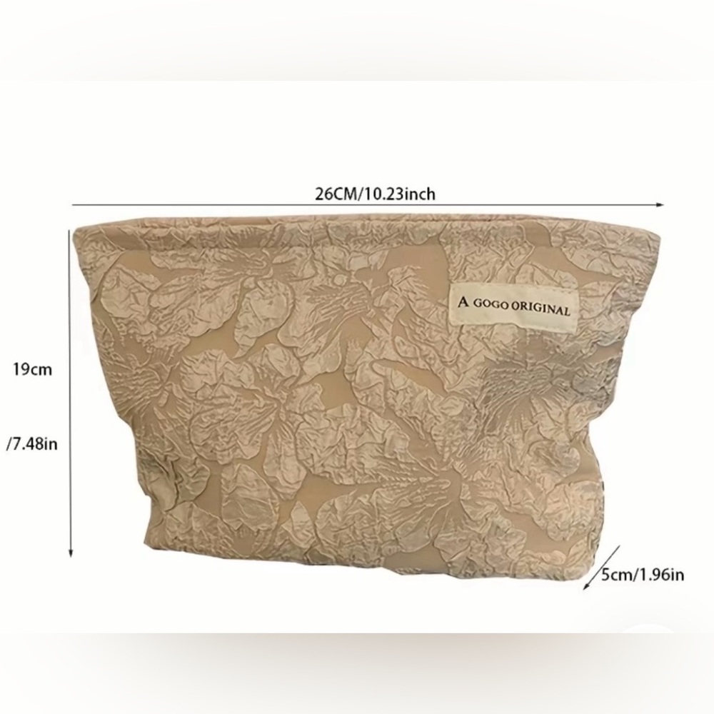 Textured Floral Print Makeup Bag Embossed, Jacquard-Style Floral Pattern Taupe - Picture 6 of 8